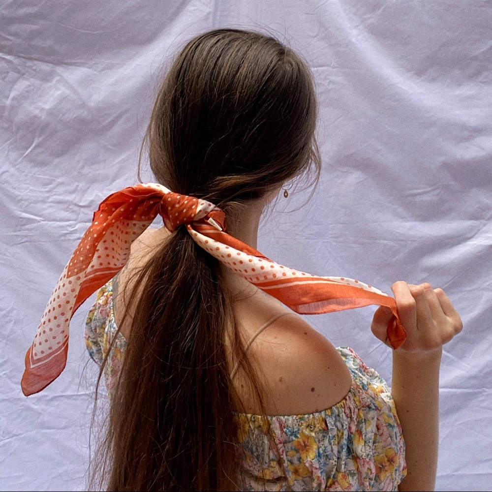 Vintage 70s Orange & White Polka Dot Square Scarf